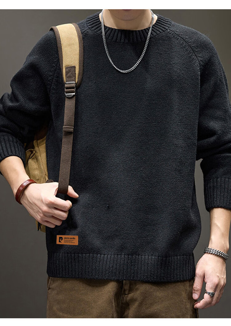 Pierre Cardin Men's Sweater Autumn Winter Retro Crew Neck Knitwear Solid Color Loose Fit Black XL 5