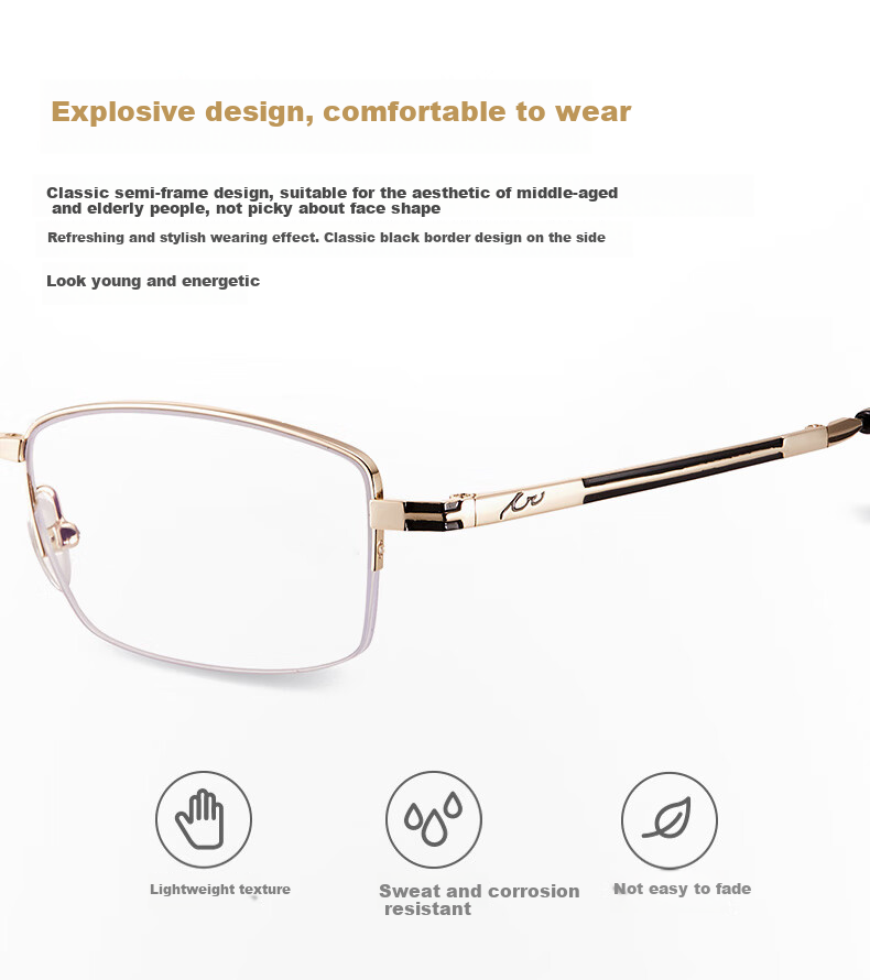 Xiyanghong Reading Glasses, Bifocal, Anti-Blue Light, High Definition, Smart Zoom, Foldable, for Elderly, Reading Glasses 9014, Gold Color, 300 Degrees 3