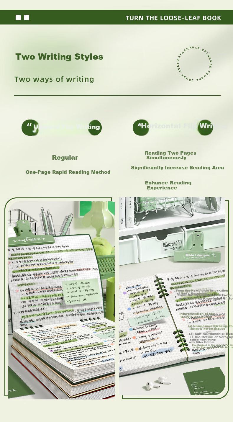 Jinzhi High-Quality Vintage Square Notebook, 120 Pages Loose-Leaf Notebook, Top-Flip Detachable Pages, Comfortable for Middle And High School Students, Error Correction And Memo Pad, Dark Green Color 2