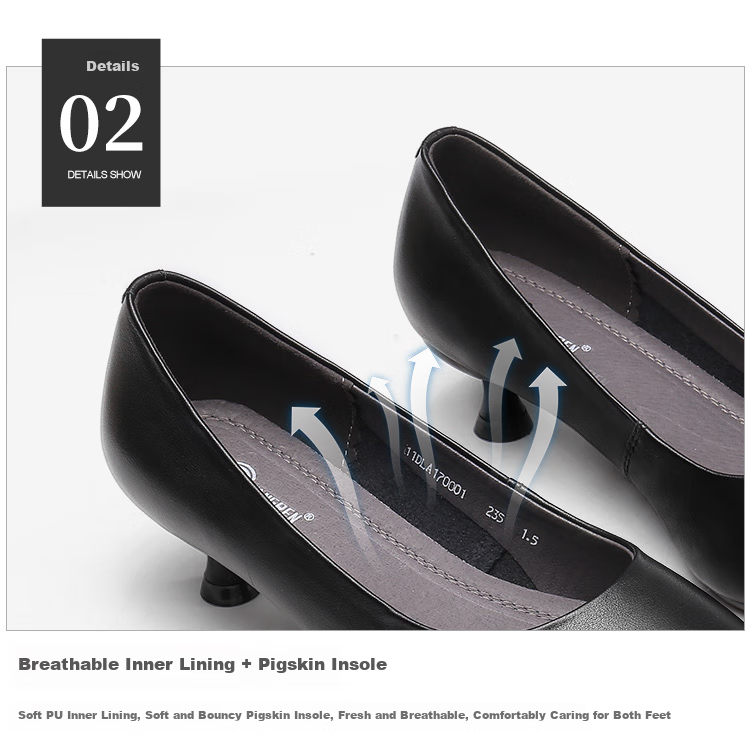 Qiangren Pointed Toe Women's Flats, Shallow Mouth Mid-Heel Breathable Leather Shoes, 4CM Work High Heels, JDLA170001, Black, Size 35 6