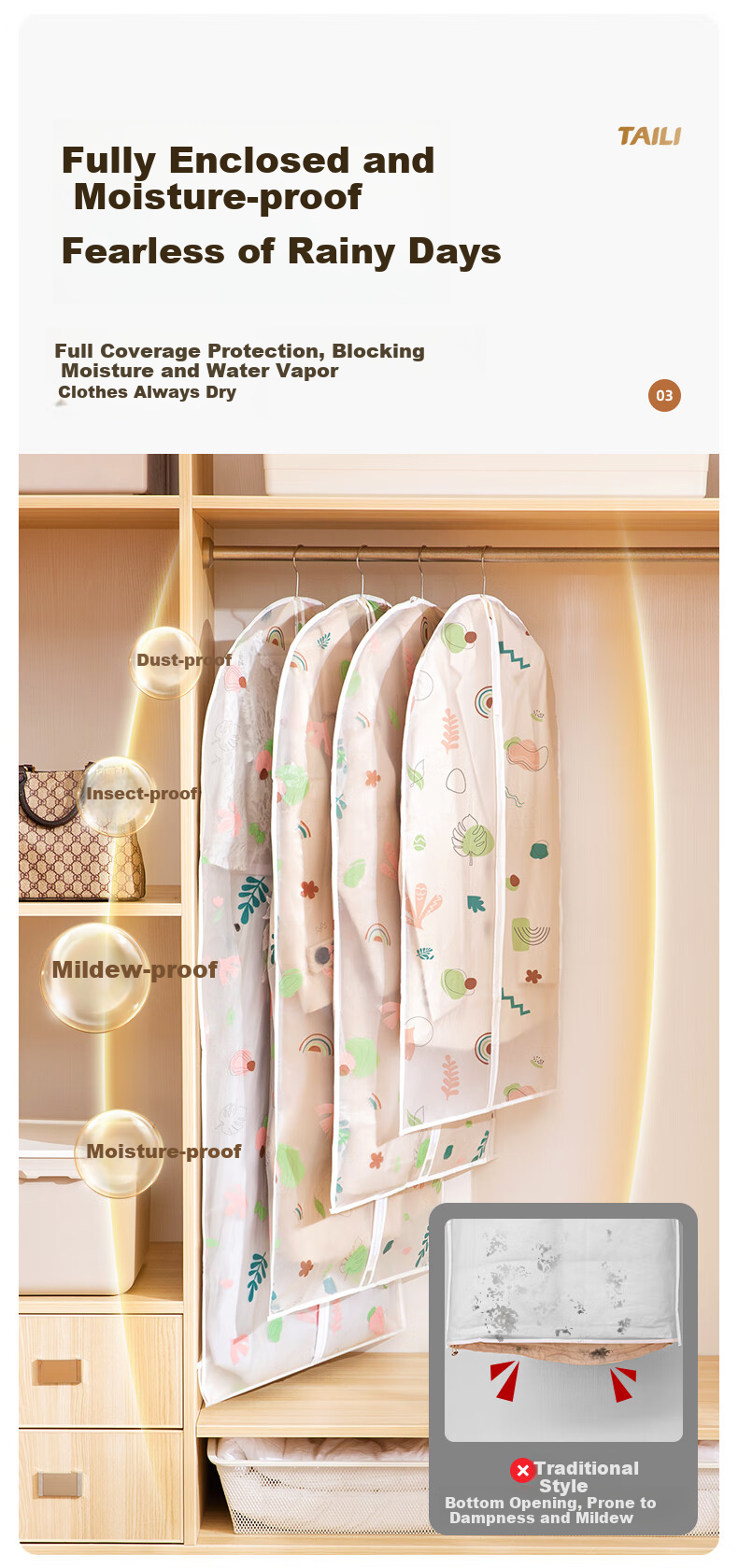 Taili Clothing Dust Cover Thickened Dust Bag for Suits, Coats, Down Jackets Washable Storage Bag Set of 5 60*100cm 7