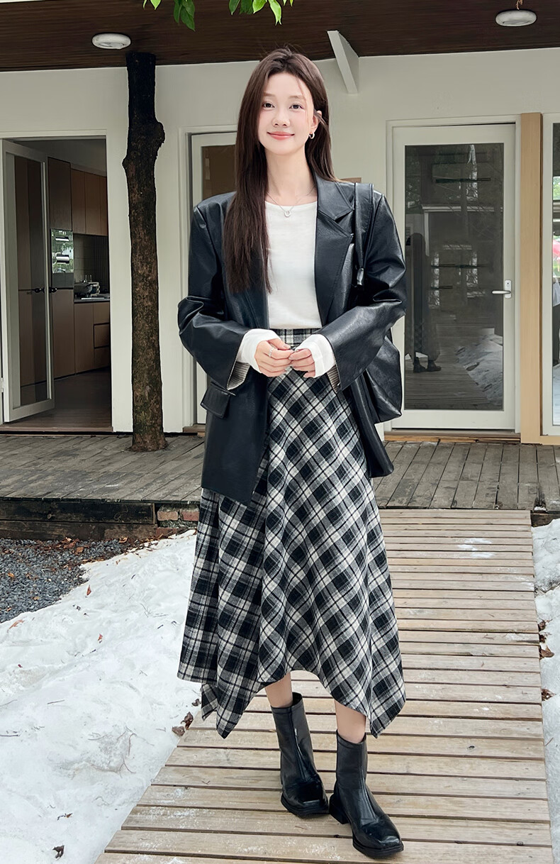 BOPRUIEY Vintage Plaid Irregular Women's Skirt 2025 New Autumn Winter A-Line Casual Mid-Length Skirt 17