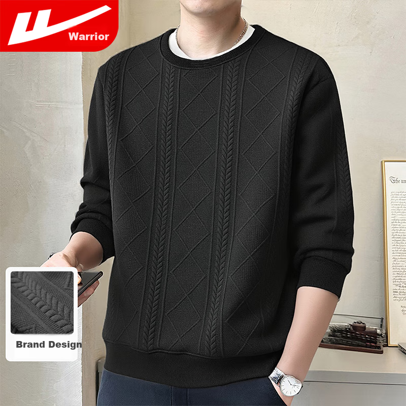 Huili Men's Sweatshirt, Round Neck Long Sleeve T-Shirt, Autumn American Trendy Casual Sports Jacquard Men's Sweatshirt, Black, 2XL