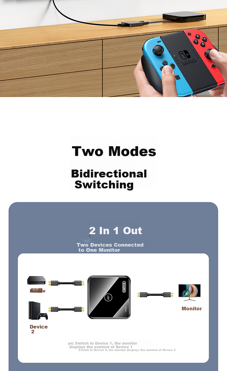 UNITEK HDMI Switcher Two-In 4K HD Video Splitter for Laptop, Smart Box to TV Projector Bidirectional Conversion V140A 7