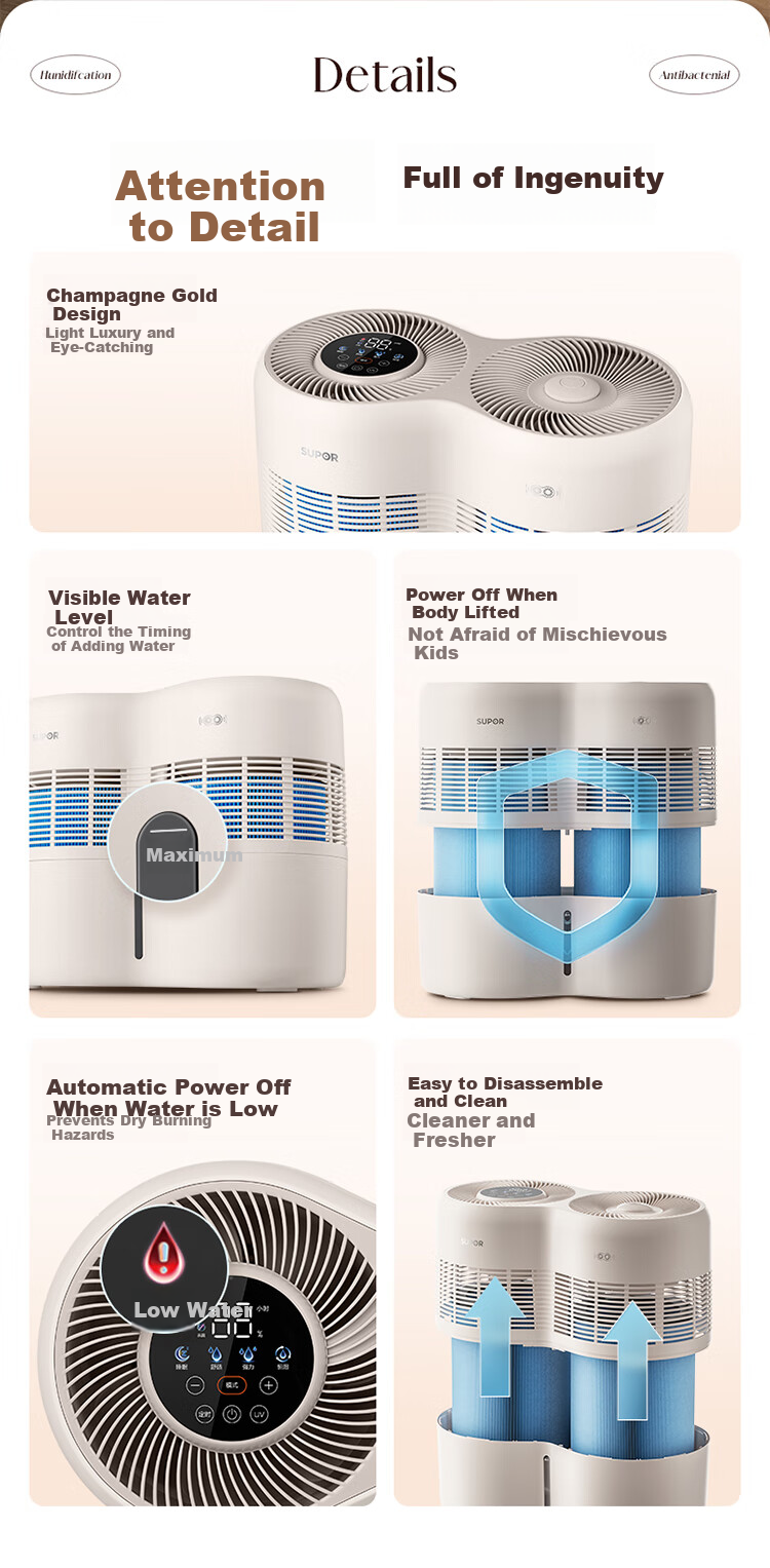 SUPOR [Shuangzixing] High-End Humidifier for Mother And Baby, Home Bedroom Use, No Mist, 1090 Large Humidification Capacity, Floor-Standing Double-Tank Whole House Office Large Space Humidifying Device EHLN-71E 12