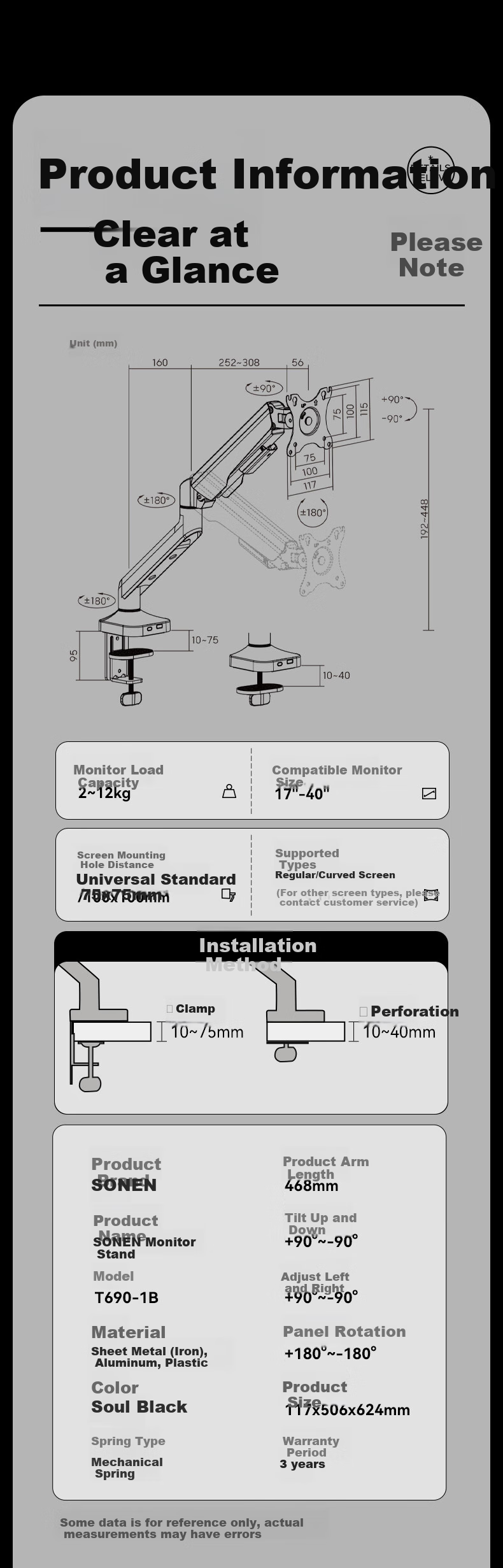 Songneng Monitor Stand, Computer Stand, Display Stand, Mechanical Arm, Monitor Riser, Monitor Arm Support, Weight Capacity 12KG, T690-1B 12