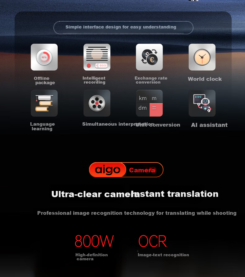 Aiguozhe Aigo 4G Translation Device, Multi-Language Offline Simultaneous Interpretation, Voice Intelligent Translator, Photo Translation, Real-Time Oral Translation for Overseas Travel, Black 9