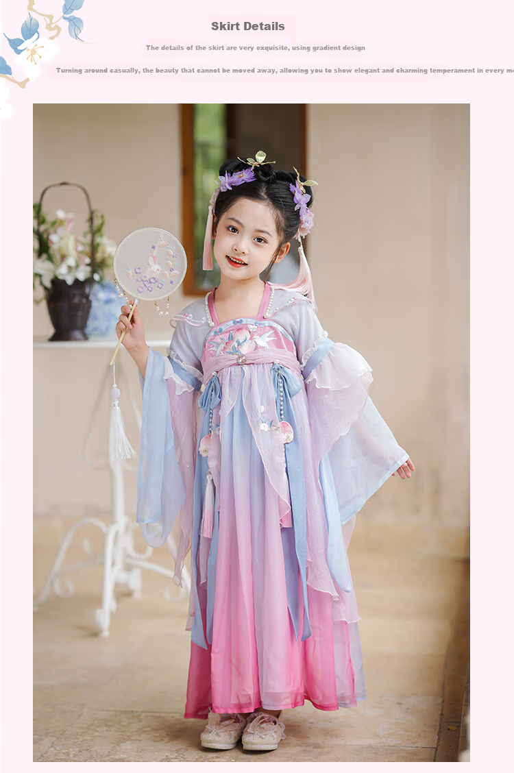 Qibo Hanfu Girls' Spring And Autumn New Style Children's Ancient-Style Ethereal Dress, Chitu (Without Tassel Accessories), Size 150 11