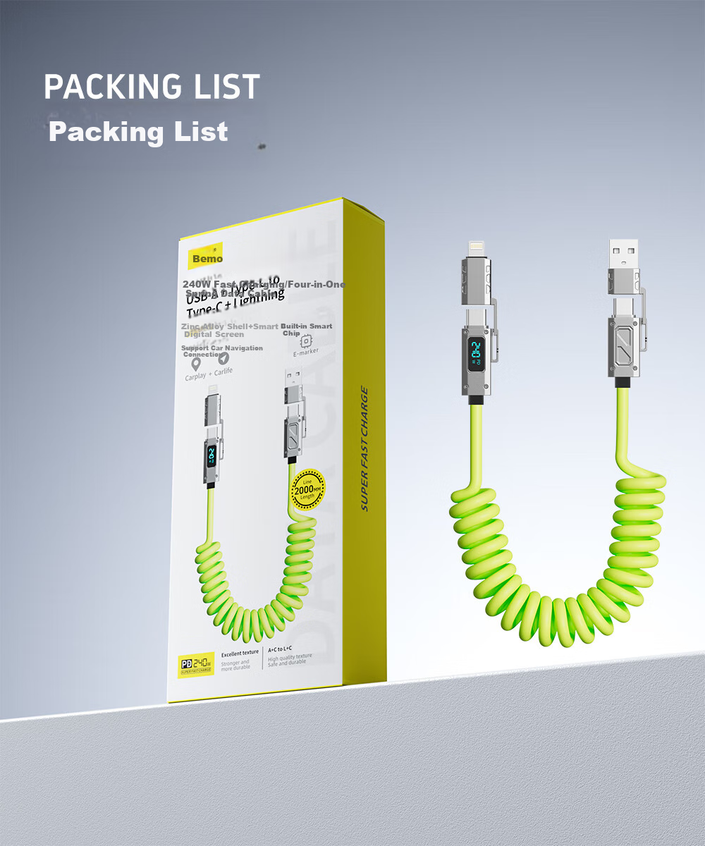 Beimo 240W Fast Charging Cable, Smart Digital Display Car Spring Data Cable, Four-In Car Screen Mirroring, Suitable for IPhone 18/17 Pro Max, Apple/Huawei/Xiaomi, 2 Meters, Gree 7