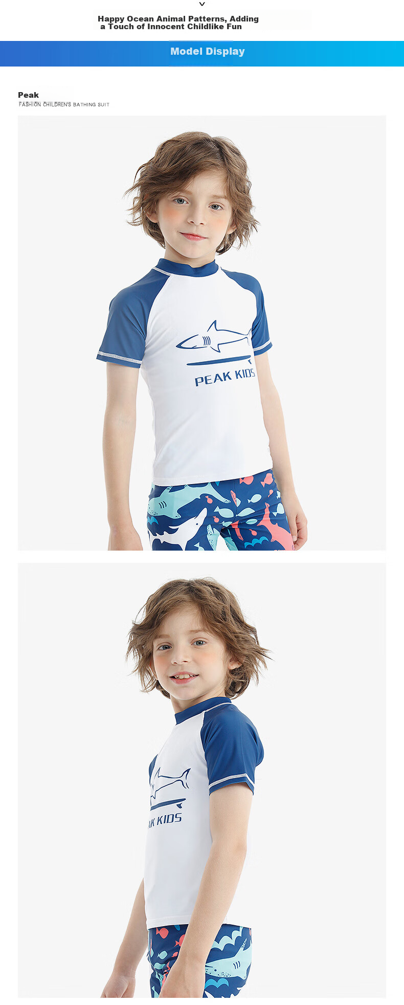 PEAK Children's Swimwear, Boys' Short-Sleeve Two-Piece Swimsuit with Trunks, Hot Spring Swimming Suit Set Including Swim Cap And Goggles, Size 110 7
