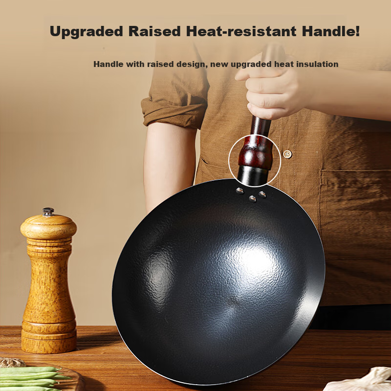 Jincun Iron Wok, Uncoated, for Home Cooking, Round Bottom, Non-Stick, Forged Pure Iron Pan, Suitable for Gas Stove, Preheated