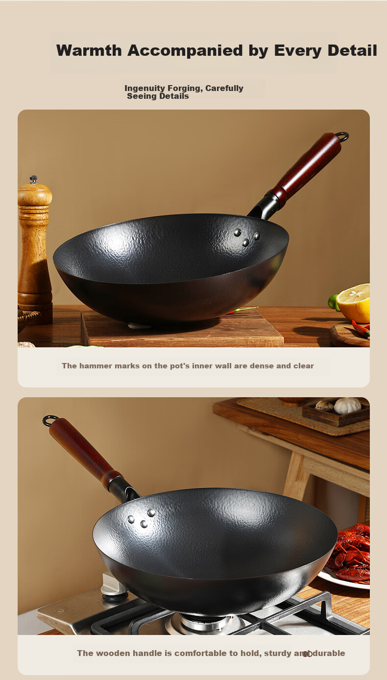 Jincun Iron Wok, Uncoated, for Home Cooking, Round Bottom, Non-Stick, Forged Pure Iron Pan, Suitable for Gas Stove, Preheated 9
