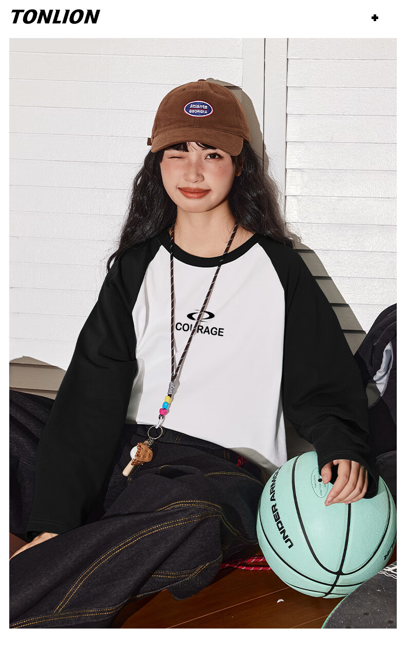 TonLion Pure Cotton Long Sleeve T-Shirt Women Spring Autumn New Loose Slim Fit Color Block Trendy Simple Base Shirt Female 3