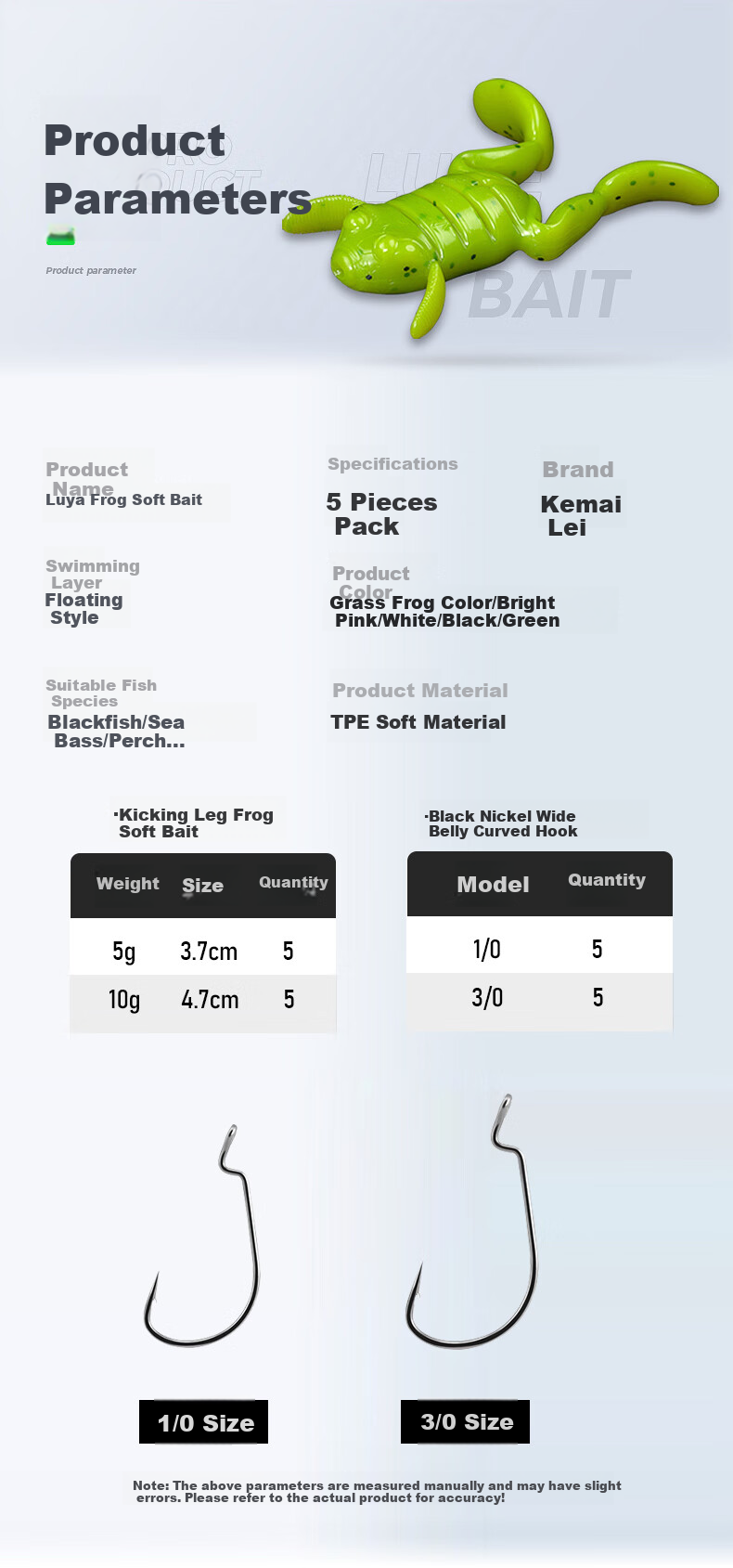Kemailei Frog Fishing Lure Set, 10g, for Bass And Snakehead Fish, Suitable for Wild Fishing, Artificial Bait, Soft Bait, Leiwang 10