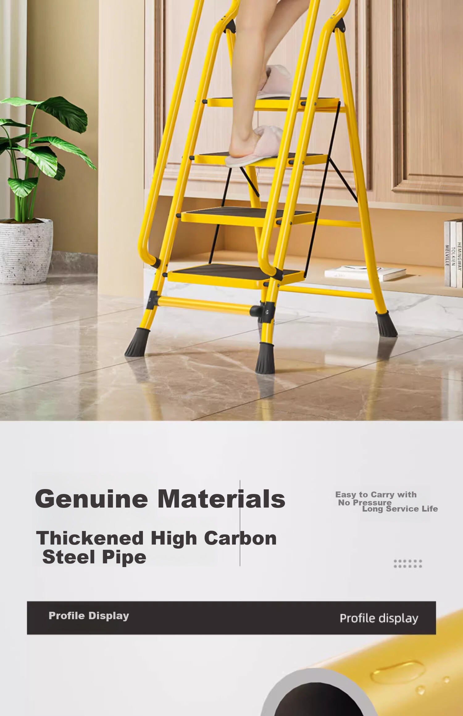Cenggao Household Folding Ladder with Handrail, Indoor Step Ladder, Lemon Yellow Tool Tray, 5 Steps, 26*38 Tread Ladder 11