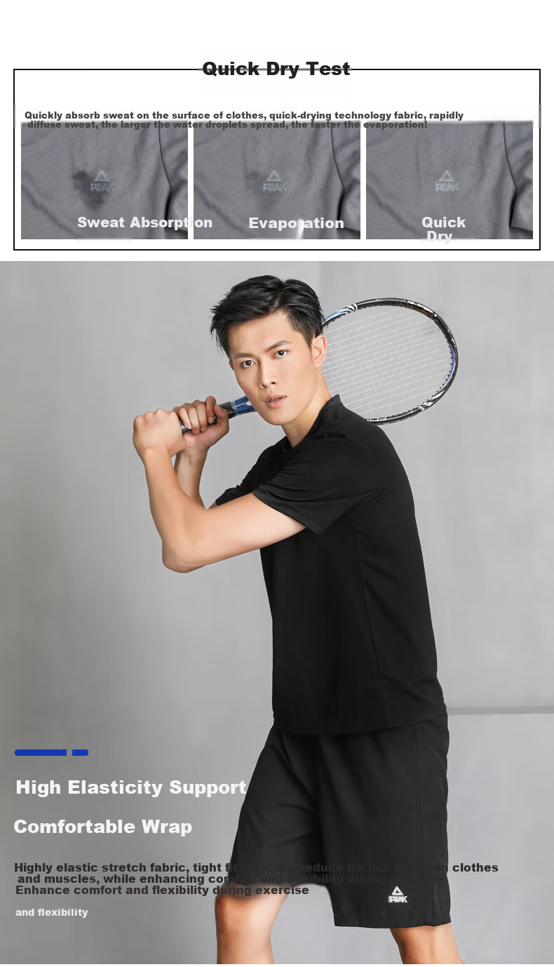 PEAK Badminton Outfit for Men, Sports Set, Quick-Drying, Sweat-Wicking, Breathable, Elastic Fitness Training Two-Piece Set, Black YS81306 (Short Sleeve + Shorts), Black, 2XL 4