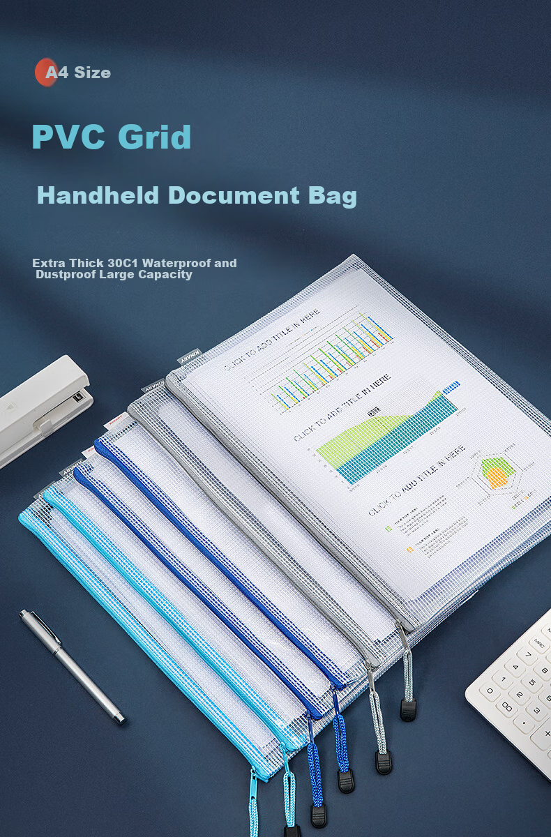 Jindeli 10 A4 Plastic Mesh Transparent Contract Document Bags with Zipper, File Folders, Document Pouches, Student Exam Paper Storage Bags, Handbags, Office Supplies, Stationery, Water Blue FB8030 1