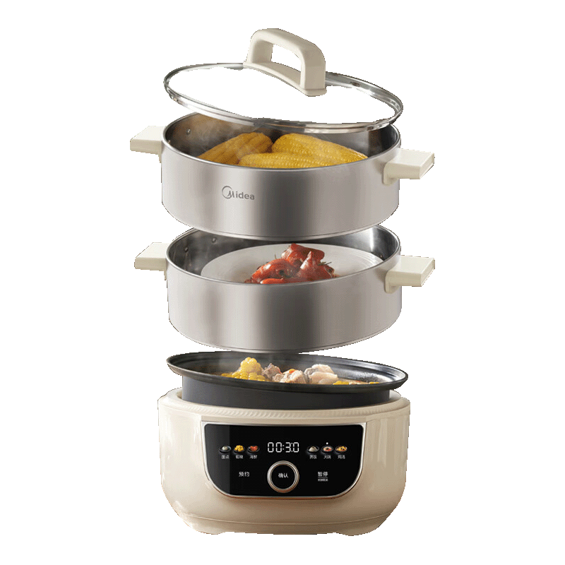 Midea Electric Steamer Pot, Electric Cooking Pot, Electric Hot Pot, Multi-Purpose Pot, Home Use Steamed Bun Pot, Electric Hot Pot, Three-Layer 14.5L Large Capacity Detachable Bottom Pot, Washable, MZ-ZGC2852C