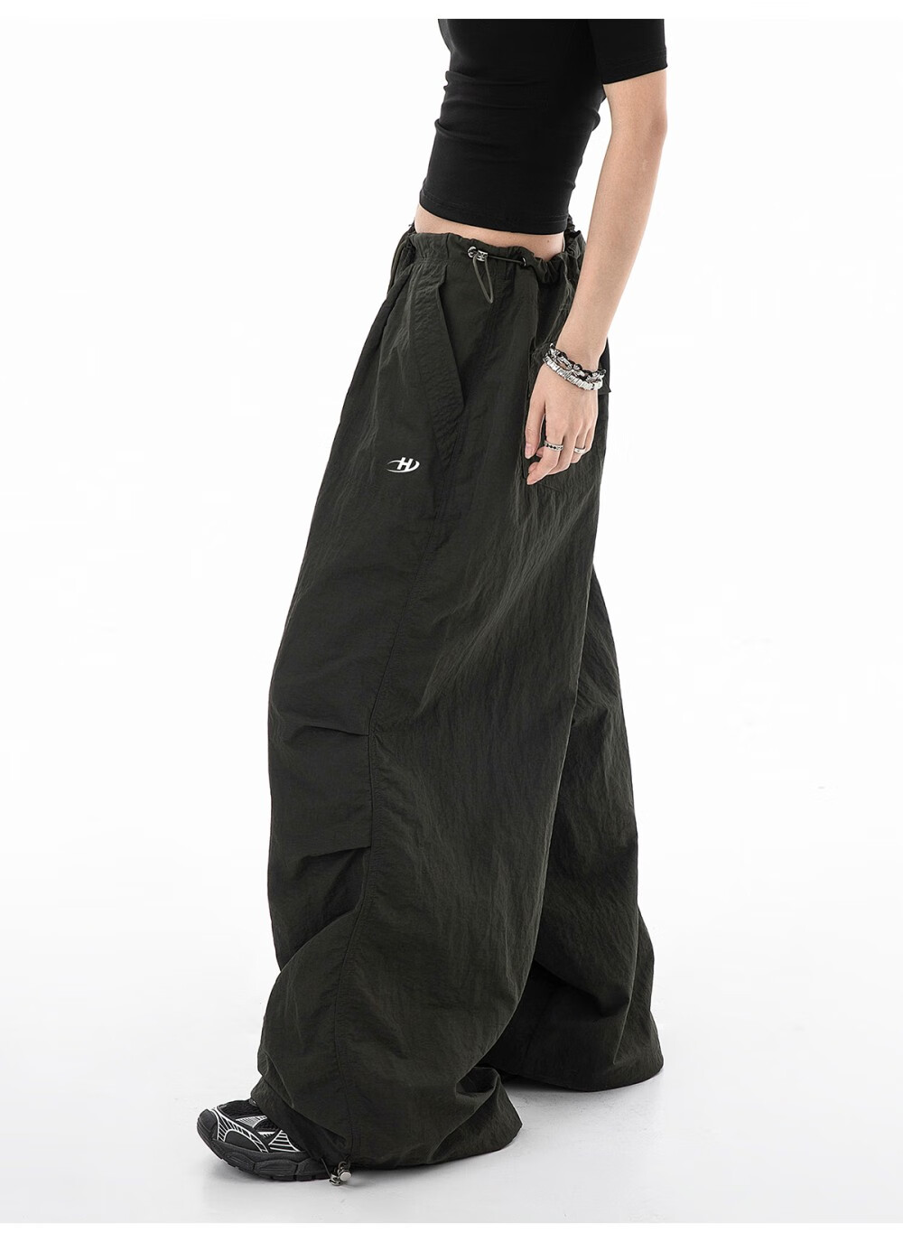 ICH MODE Women's American Style Paratrooper Cargo Pants Drawstring Sports Pants Straight Loose Wide-Leg Casual Pants Green M 10