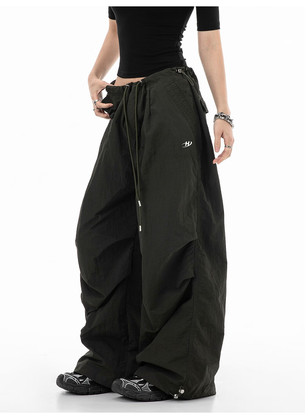 ICH MODE Women's American Style Paratrooper Cargo Pants Drawstring Sports Pants Straight Loose Wide-Leg Casual Pants Green M 8