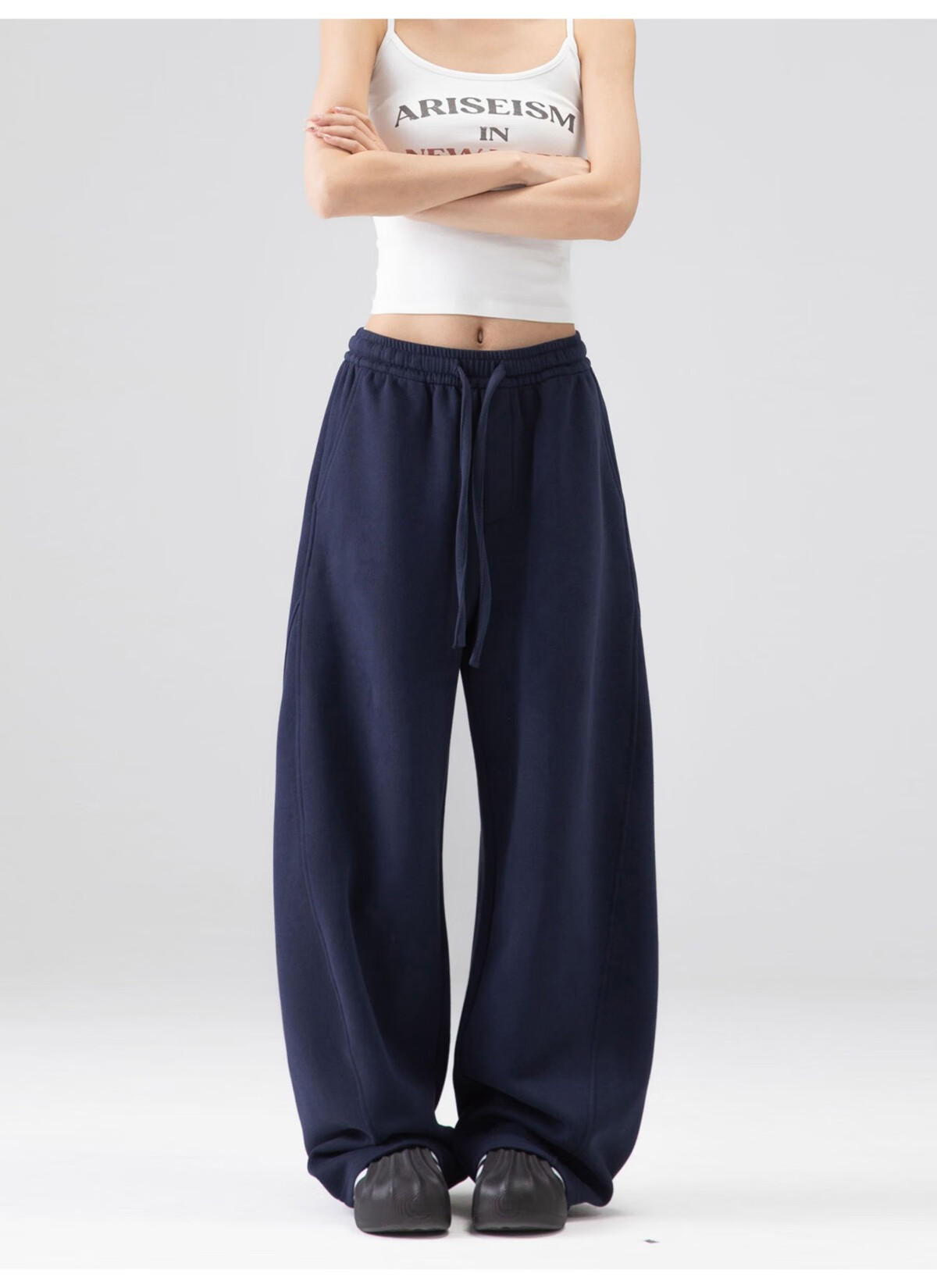 ICH MODE Women's American Style Sweatpants Sports Pants Spring Autumn New Loose Wide-Leg Casual Pants Curved Cut Navy Blue L 15