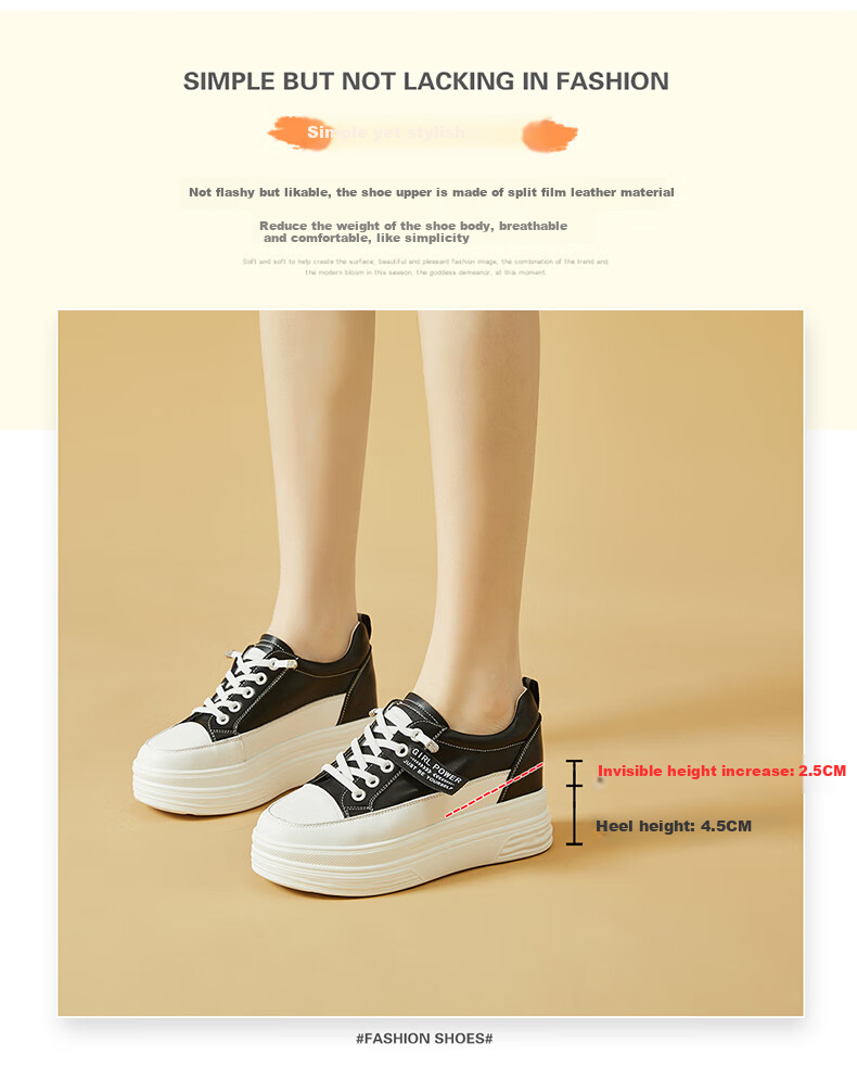 DAPHNE Women's White Leather Versatile Thick-Soled Casual Sneakers with Hidden Heel, Style 4623101013, Black, Size 34 2