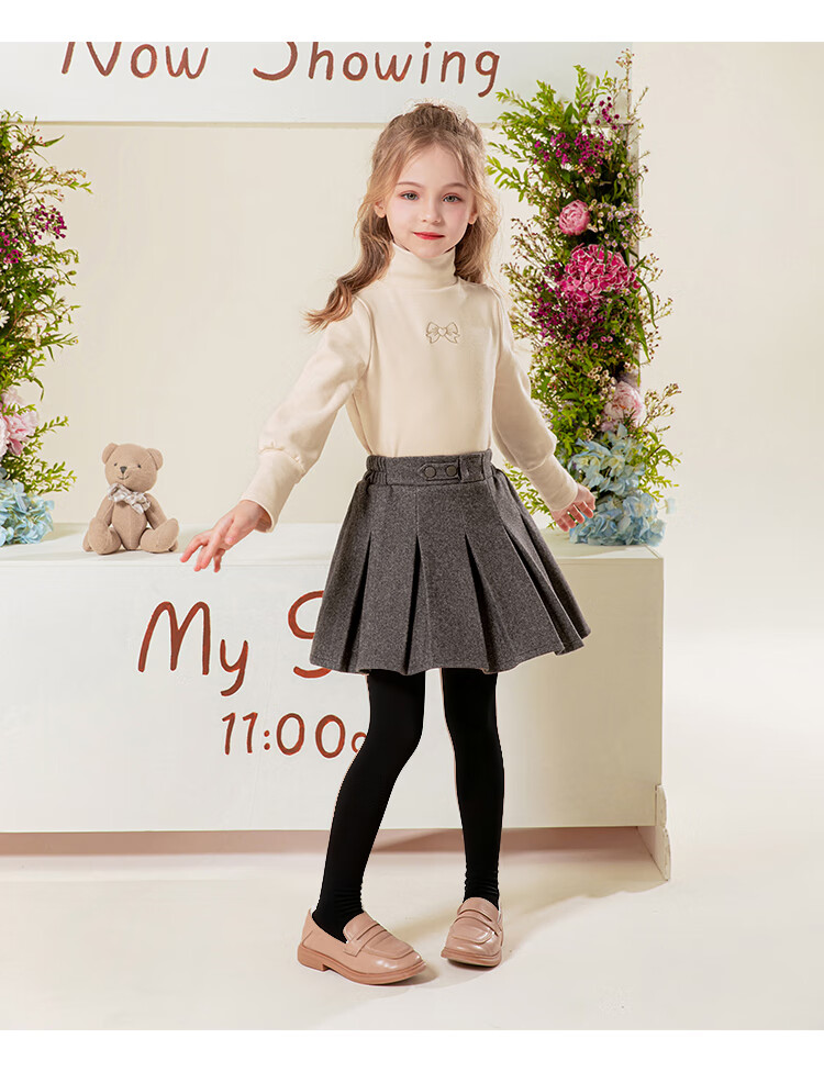LUOBOBEIBEI Girls' Pleated Skirt, 2024 Autumn And Winter Korean Style Children's Preppy Style Girls' Woolen Midi Skirt, Khaki Color, Size 110 5