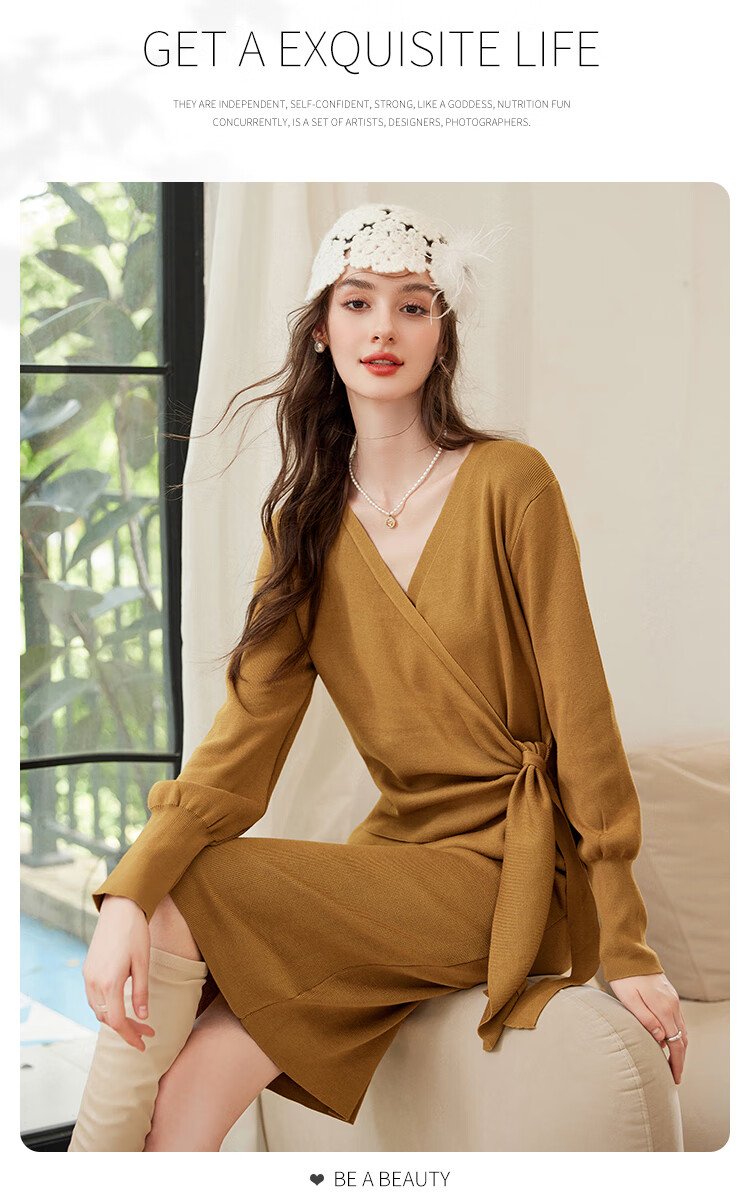 LOUISYAO Spring Autumn V-Neck Tie Design Slim Fit Slightly Stretchy Mid-Length Elegant Knit Dress Dark Coffee S 8