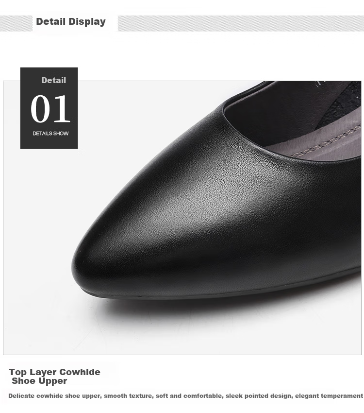 Qiangren Pointed Toe Women's Flats, Shallow Mouth Mid-Heel Breathable Leather Shoes, 4CM Work High Heels, JDLA170001, Black, Size 35 5