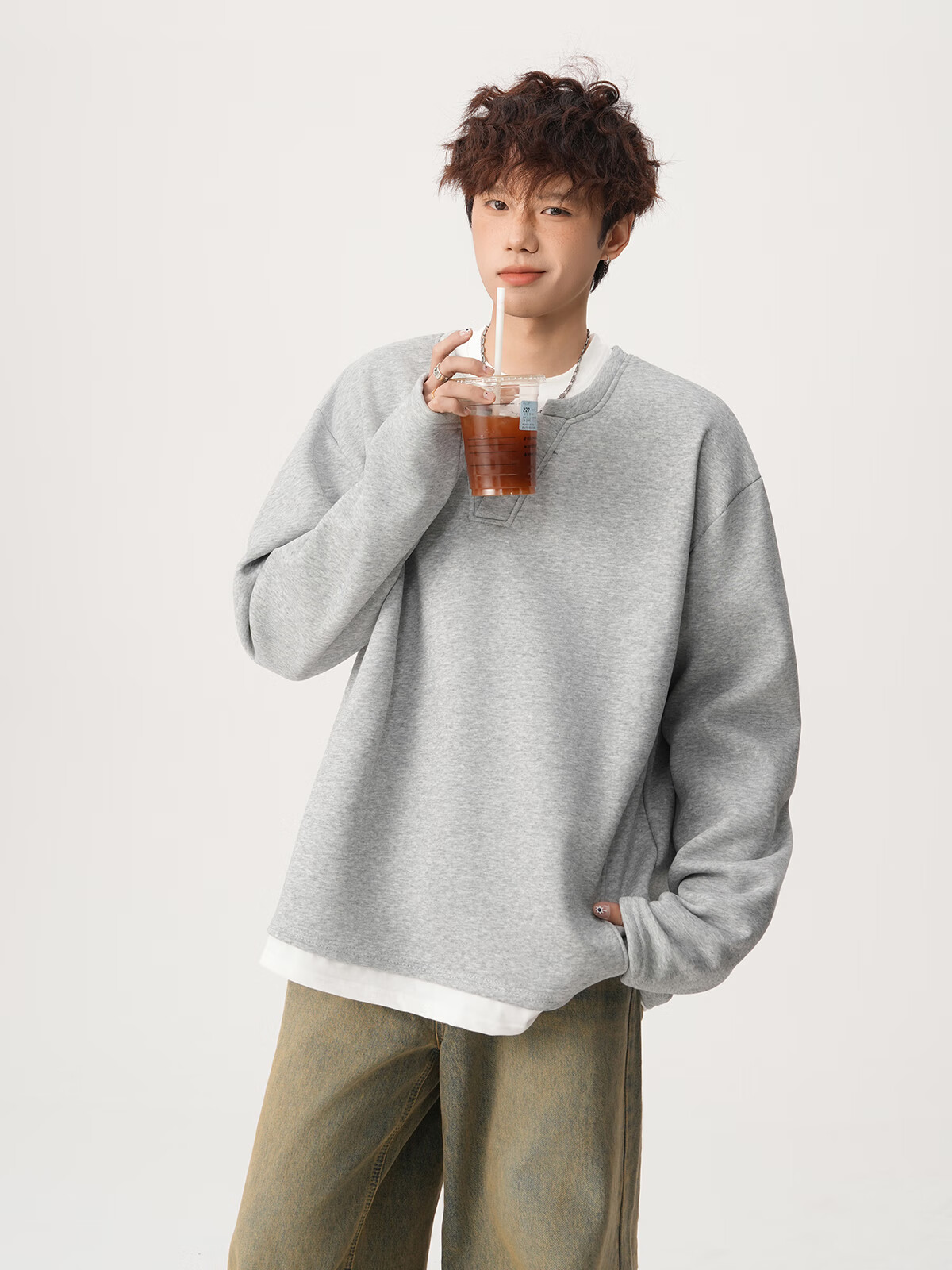 Foss Phil Men's Fake Two-Piece Long Sleeve Sweatshirt Autumn Winter Loose Fit Basic T-Shirt HT25764 Black 3XL 3