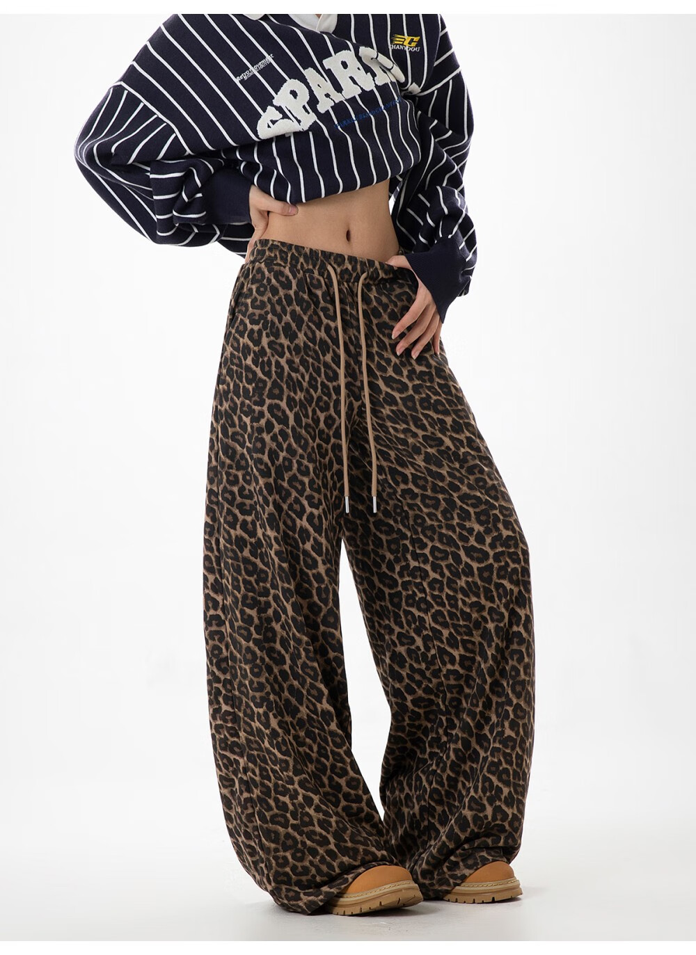 ICH MODE American Style Leopard Print Pants Casual Women's Pants 2026 Spring Summer New Loose Wide Leg Straight Pants Lazy Style Coffee Color Leopard Print XL 5