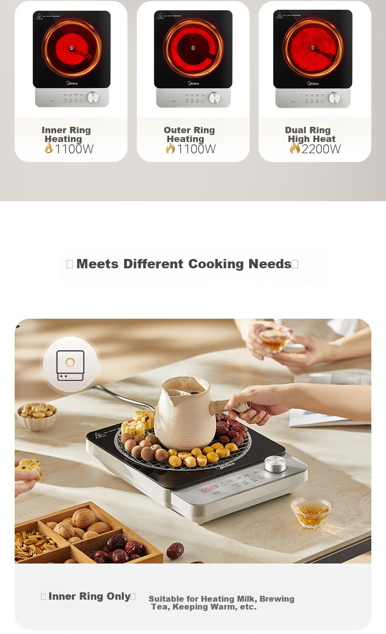 Midea Electromagnetic Cooker, Ceramic Cooktop, Battery Stove, 2200W High Power, Intense Heat, Tea Brewing, Water Boiling, Stir-Frying, Hot Pot, Electric Stove, Tea Maker, Dual Ring Temperature Control, Suitable for All Cookware, HW22E02 12