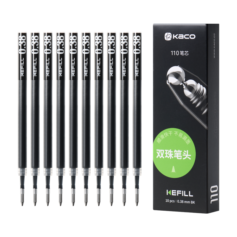 KACO KEFILL Asian Standard 0.38mm Retractable Gel Pen Refill Black Bullet Tip High Capacity Double Writing Length 800m Quick Dry 10pcs/Box