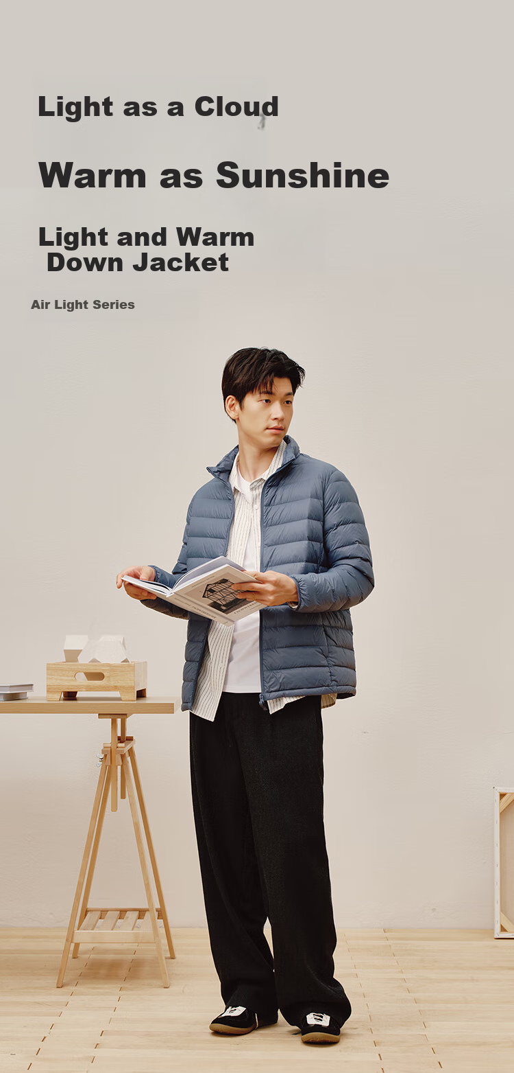 JD Original [Air Zero Pressure down] Lightweight down Jacket for Men, Winter Stand Collar, 90% Duck Down, Light Mist Blue, Size S 4