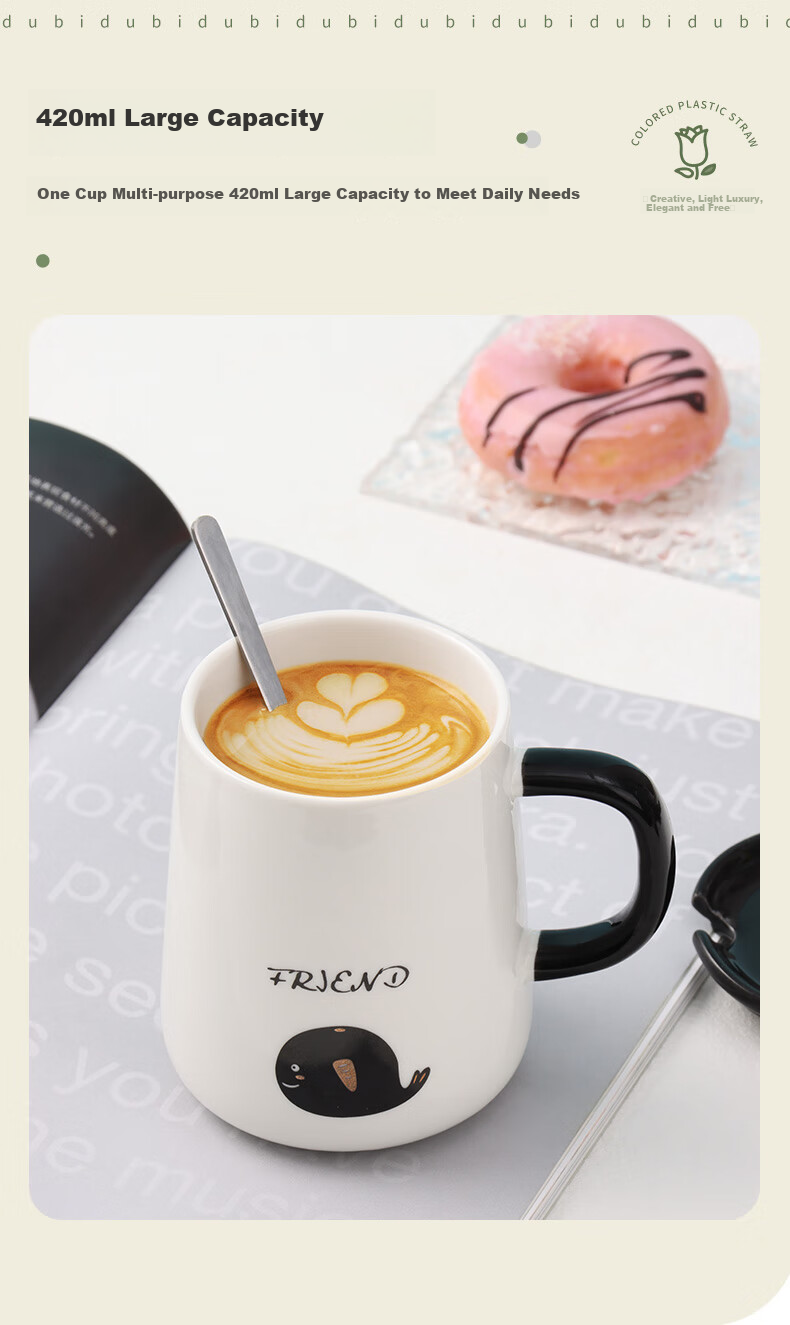 BJ Mug, Coffee Cup, Milk Cup, Breakfast Cup with Spoon And Lid, Large Capacity Water Bottle for Men And Women, 420ML 3