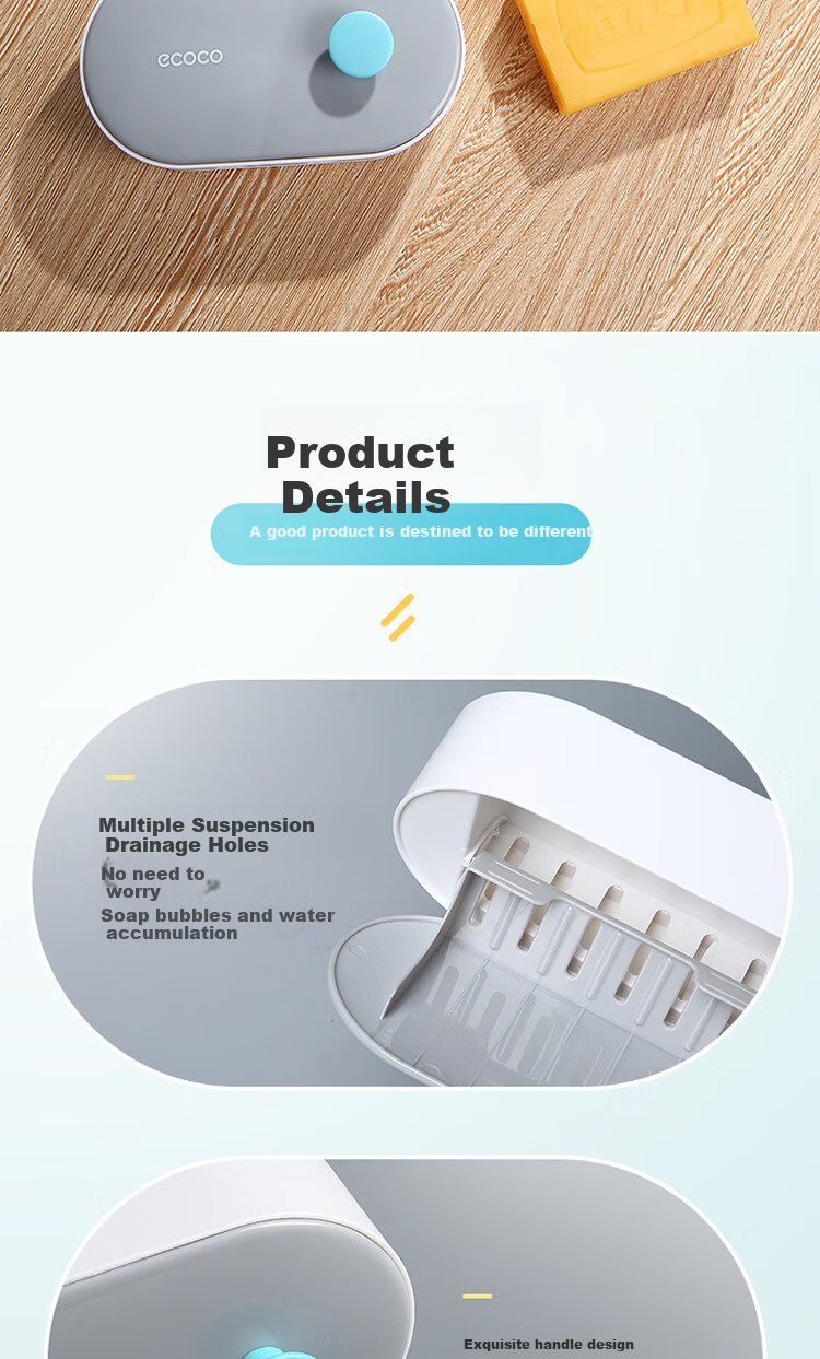 Ecoco Wall-Mounted Soap Dish with Flip Lid, No Drilling Required, ABS Material, Bathroom Storage Rack with Drainage, High-End Black Desig 12