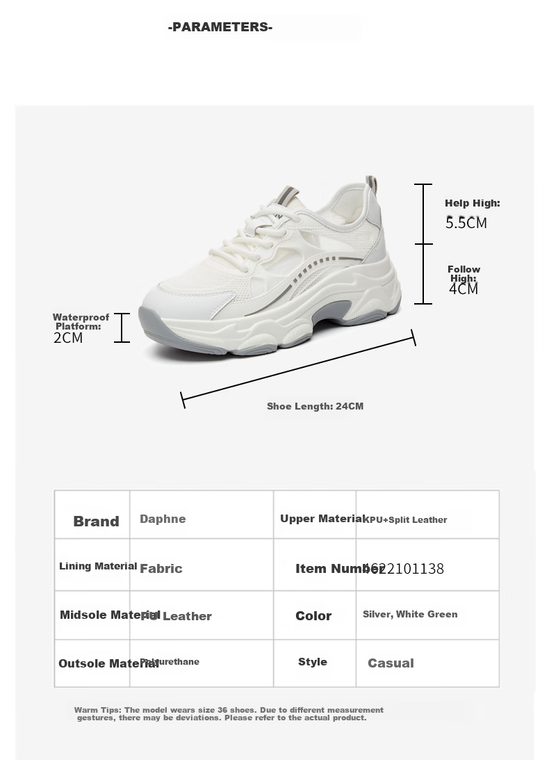 DAPHNE Women's Versatile Sports Casual Shoes, Breathable Mesh Upper, Lightweight Comfortable Thick-Soled Dad Shoes, White Silver, Size 34 1