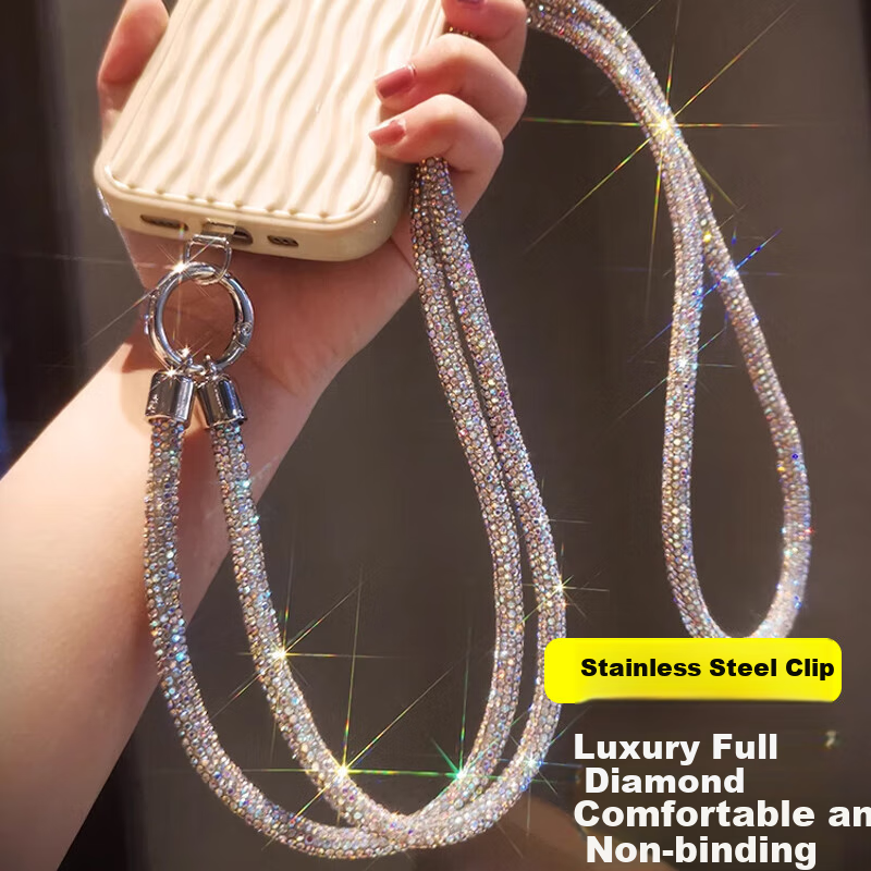 Dipuer Phone Chain Lanyard, Long Luxury Diamond Chain, High-End Anti-Loss Strap, Phone Neck Strap, Stainless Steel Clip, Patch, Women's Style [Silver Diamond Chain]