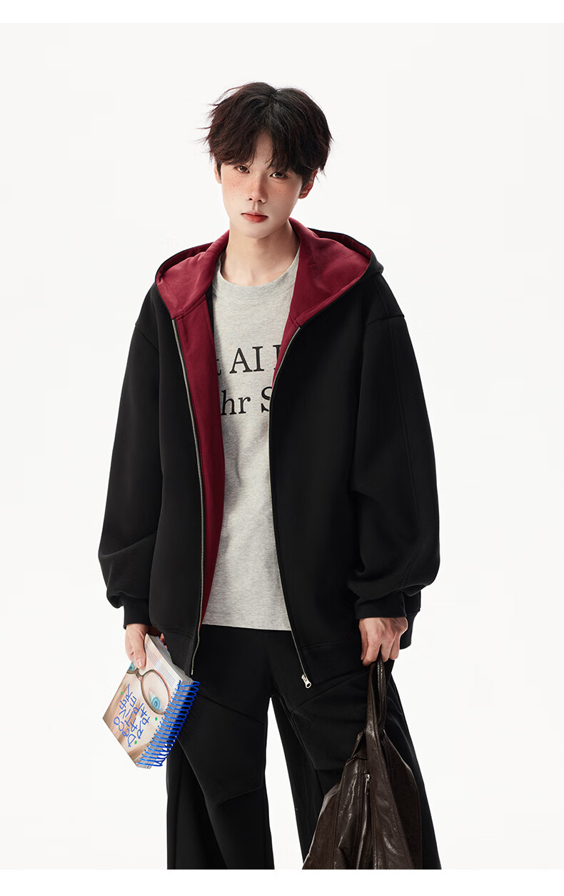 Foss Phil Men's Autumn Winter American Style Hoodie Double Zipper Colorblock Couple Zip-up Jacket 5Q1083 Black XL 13