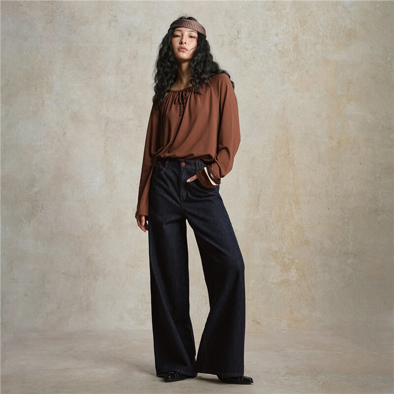 Giordano [Lu Zhengyi Star Edition] Autumn Winter Semi-Elastic Waist Natural Color Wide-Leg Jeans for Women 18415820