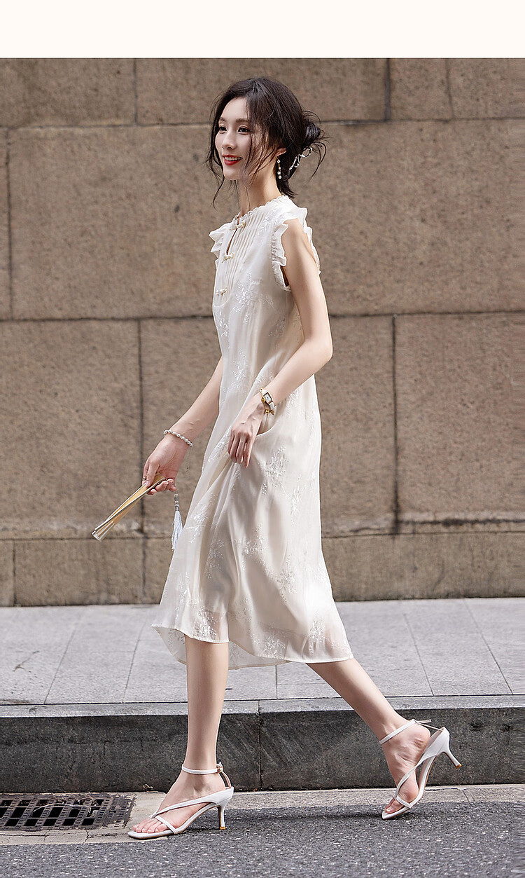 Dme [Yuhu Bingxin] Spring And Autumn Style New Chinese Embroidered Button Closure Water-Soluble Lace Trim Short Flutter Sleeves Dress for Wome 13