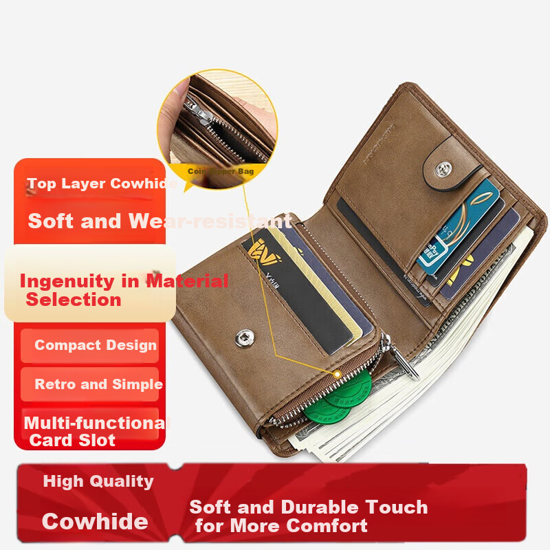 MEXICAN Men's Wallet, Top-Grain Leather, Soft Vertical Style, Multifunctional Short Card Holder, Practical Billfold