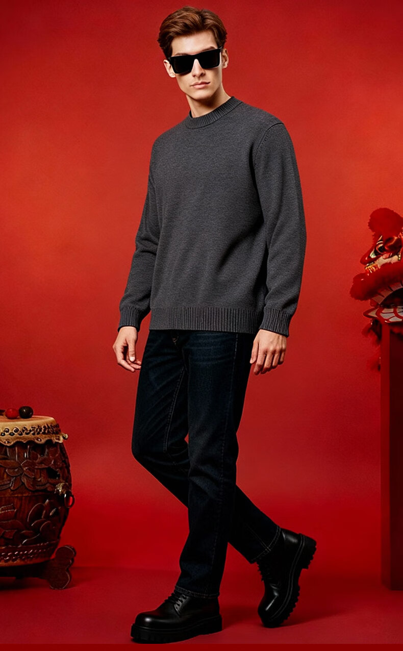 JEEP SPIRIT Jeep 2026 Year of the Horse Wine Red Men's Crew Neck Wool Sweater Winter Warm Knitwear 2