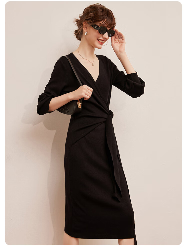 LOUISYAO Spring Autumn V-Neck Tie Design Slim Fit Slightly Stretchy Mid-Length Elegant Knit Dress Dark Coffee S 18