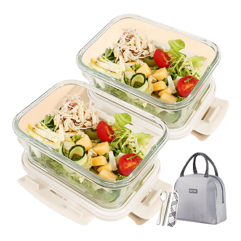 Chuangde Heat-Resistant Glass Food Storage Containers Microwave Lunch Boxes for Office Workers Milk White 1080ml x2 + Bag + Utensils