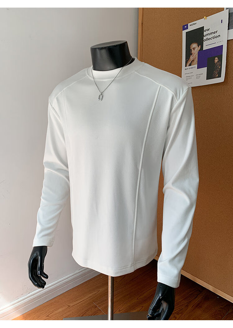 CLOR Patchwork Double-Sided Velvet Long Sleeve T-Shirt Men Spring Autumn Warm Pullover Crew Neck Base Layer CXT06 Black L 4