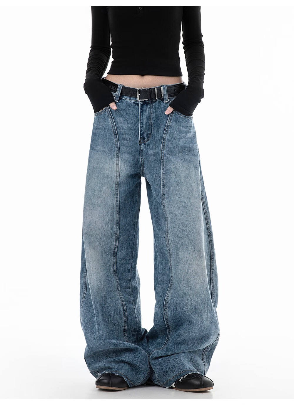 ICH MODE Women's American Vintage Washed Denim Jeans Spring Autumn Loose Straight Leg Curved Cut Casual Wide Leg Pants Blue XL 1