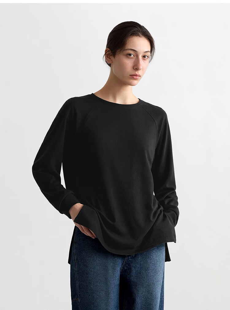 Semir Women's Long Sleeve T-shirt Loose Fit Thermal Solid Color Drop Shoulder Sleeve 2025 Winter Fleece Split Hem 109725101002 4