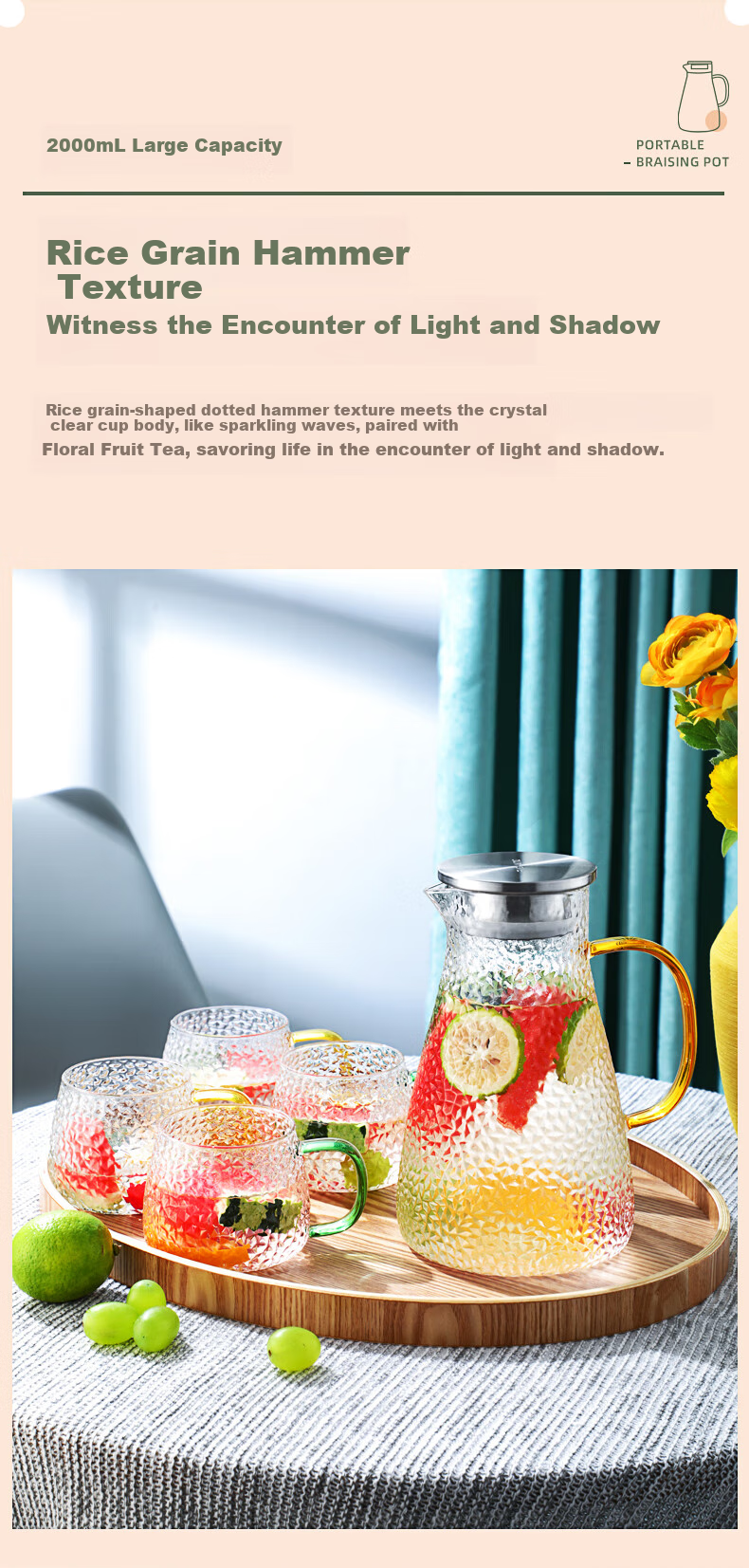 Fuguang Glass Cup, Heat-Resistant Glass Pitcher with Handle, Large Capacity Household Juice Cup, Flower Tea Cup, Teapot, Cold Water Pitcher 3