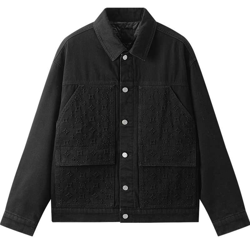 Gxgjeans Men's Black Quilted Vintage Pocket Monogram Denim Jacket 25 New Black 180/XL